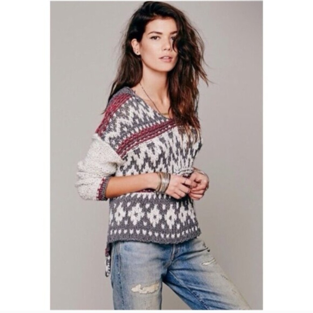 Free People Hooded Fair Isle Chunky‎ Knit Sweater Grey Burgundy Boho Small